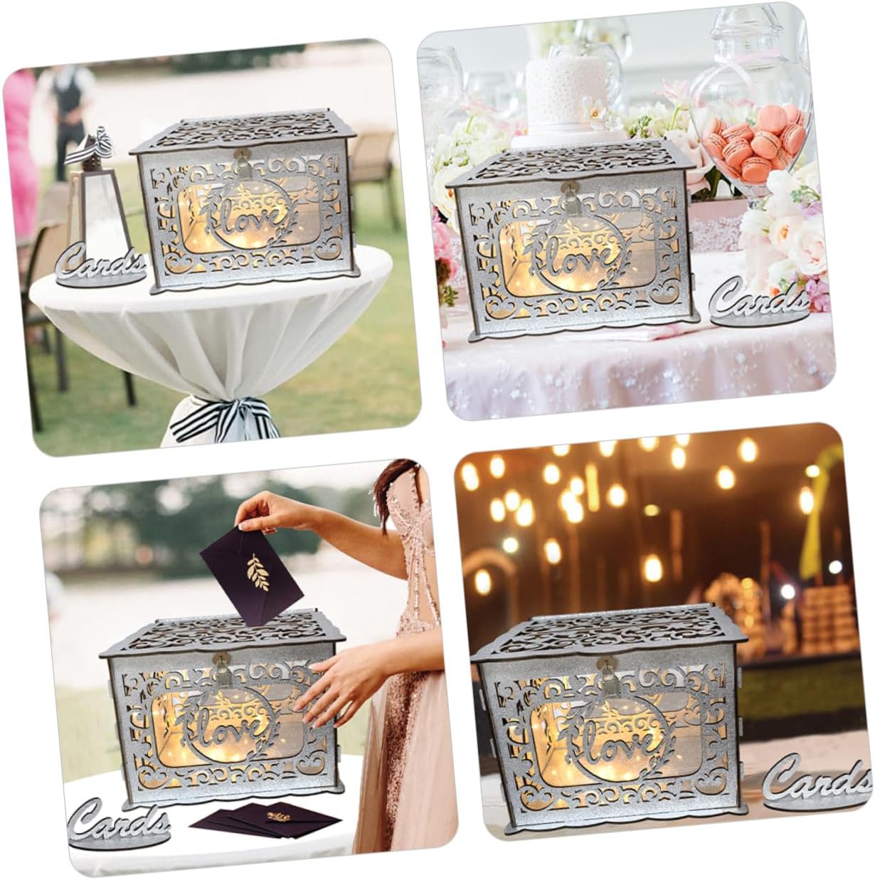 Wood Wedding Card Box Hollow Design Glitter Wood Storage Box for Anniversary and Birthday Reception Greeting Cards Collection
