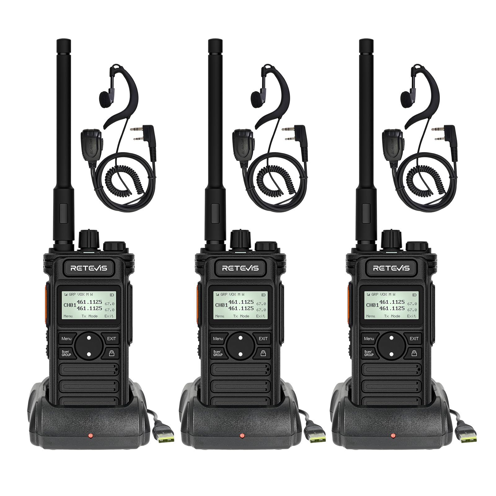 Retevis RT86S Walkie Talkie dla Dorosłych, Radiotelefon Dwukierunkowy o Dużym Zasięgu ze Słuchawkami, LCD 2600mAh USB C, Połączenia Grupowe, Pro Walkie Talkie do Produkcji (Czarny, 3 Szt.)
