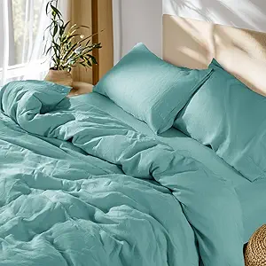 SONORO KATE 100% French Linen Duvet Cover King Size, Soft Breathable for Hot Sleepers, Moisture Wicking & Durable Cover Set - Zipper Closure & 4 Corner Ties Duvet Covers 3 Piece (Aqua,King)