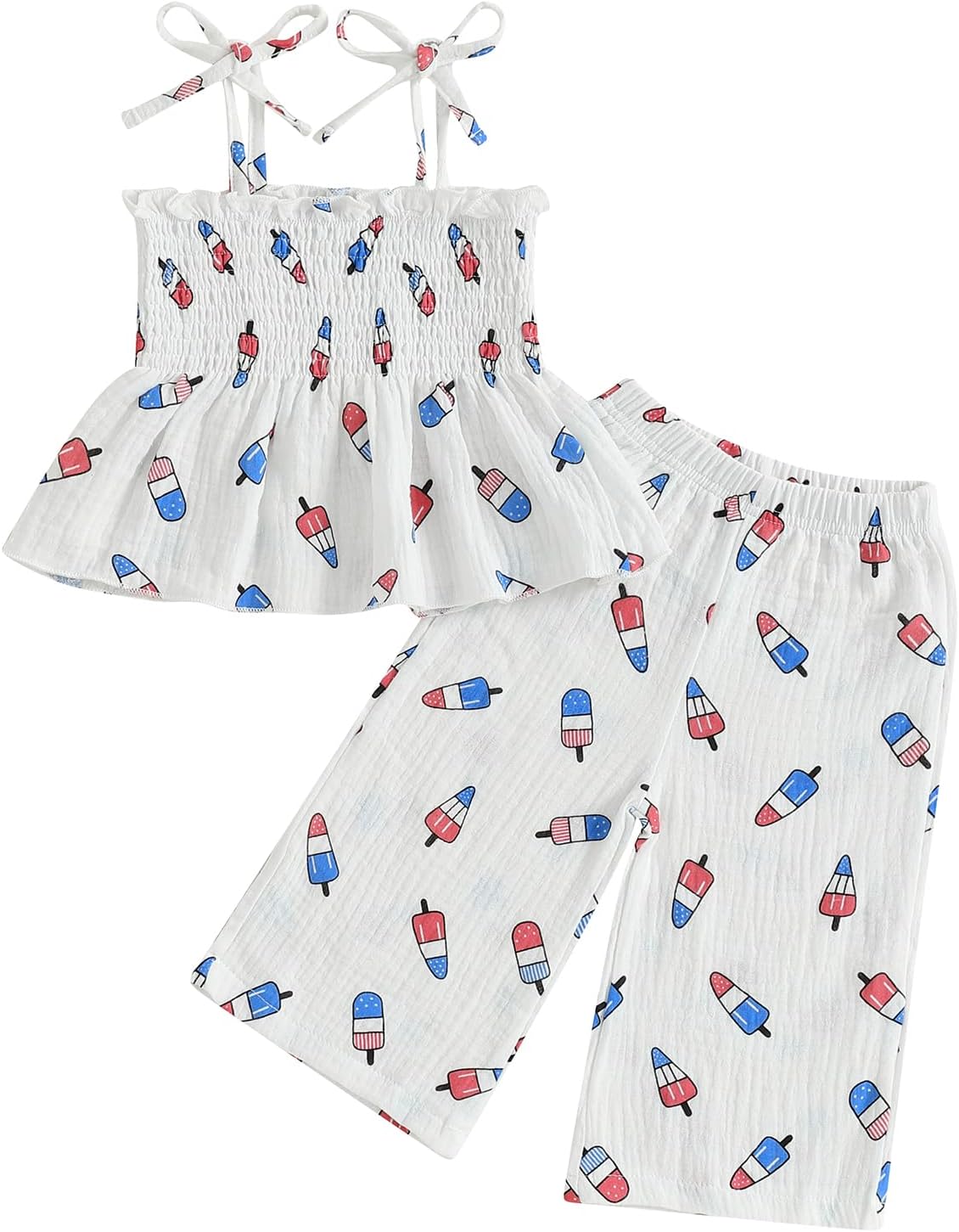 VISGOGO Toddler Baby Girl Outfits Sleeveless Smocked Strap Camisole Linen Pants Bow Baby Summer Clothes