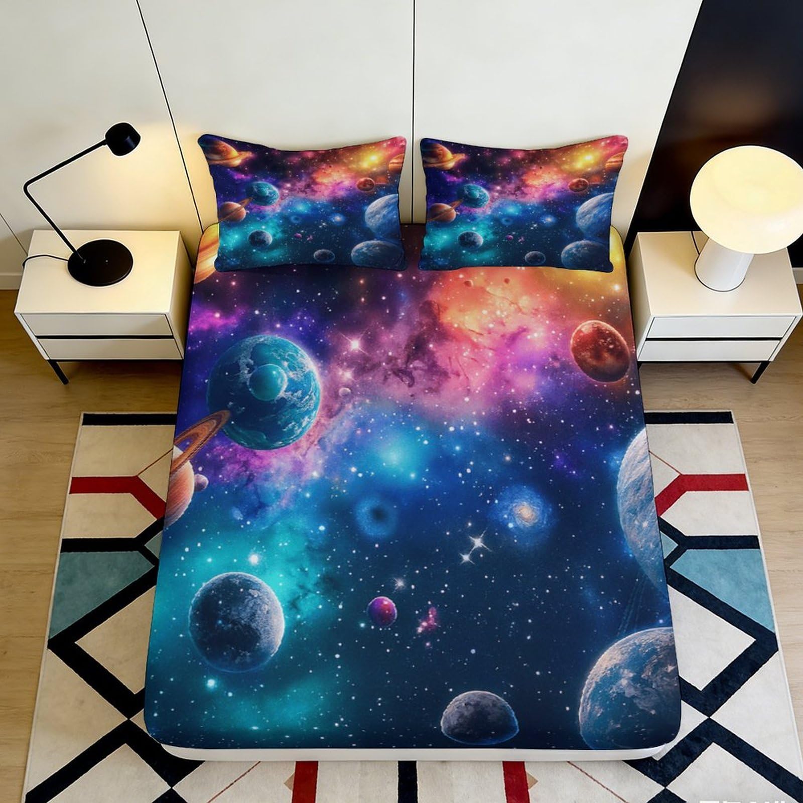 Jxqhbvmg Style-5 3D Printed Galaxy Theme Fitted Sheet Microfiber Deep Pocket Non-Slip Bedding Full Wrap Galaxy Mattress Fitted Cover Washable For Adults Teens 90X200x25cm