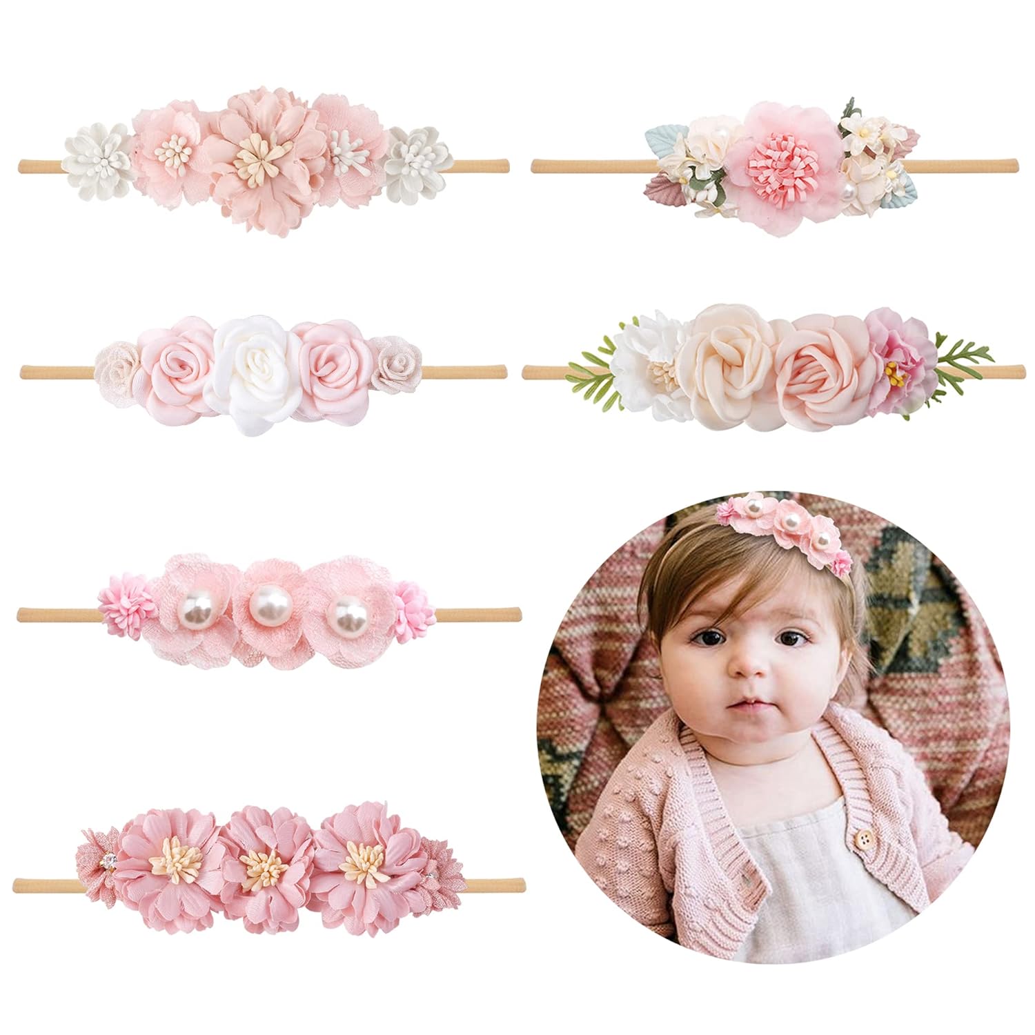 Baby Girl Flower Headband 6 PCS Elastic Hairbands Handmade Nylon Bows Headbands Chic Floral Hair Accessories Kids Gifts for Newborn Infant Toddlers