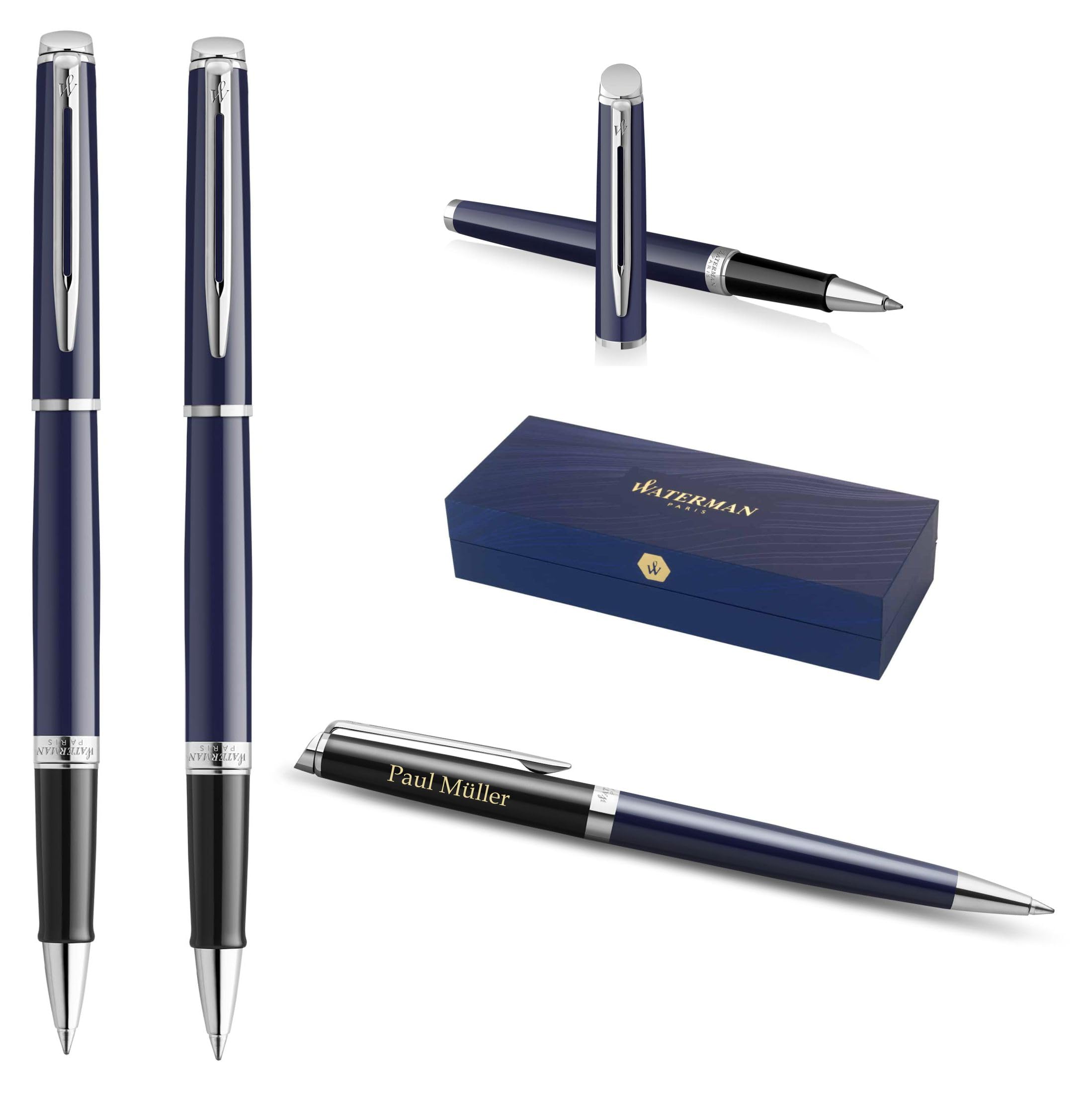 Waterman Hémisphère Tintenroller & Kugelschreiber Set mit Gravur – Personalisiertes Luxus Schreibset für Geburtstag, Jubiläum & Weihnachten (BLOCK BLACK-BLUE)