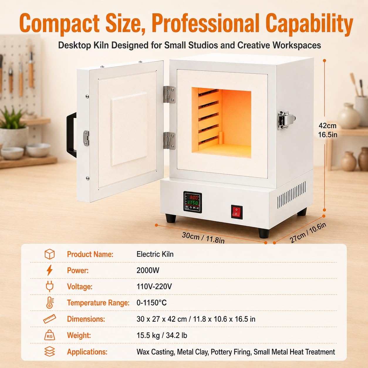 Horno De Alta Temperatura, Horno De Mufla, Controlador PID | Horno eléctrico con temperatura regulable de 0-1150°C. Calentamiento de 4 lados for uso cerámico y laboratorio