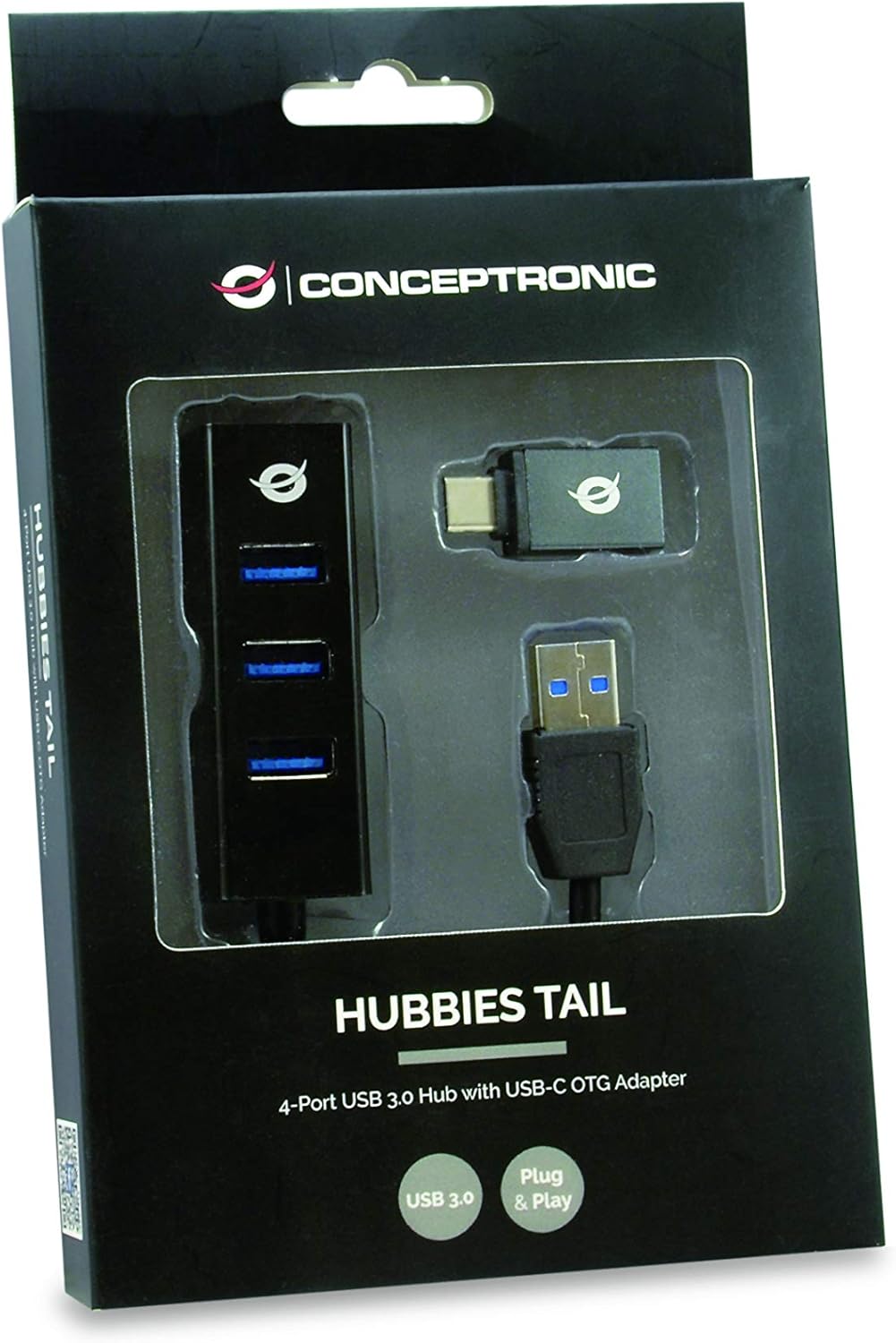 Conceptronic HUBBIES04B 4-Port USB 3.0 Hub and OTG Adapter for USB-C