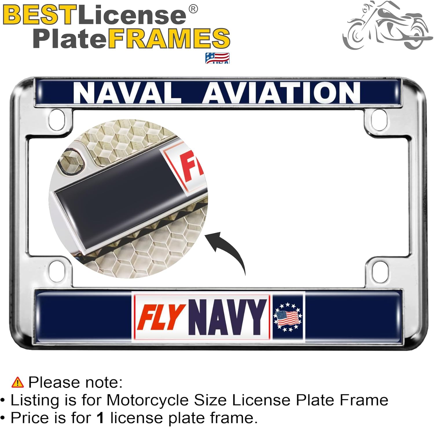 [U.S. Navy Officially Licensed Product] - Motorcycle Metal License Plate Frame with Fly Navy Naval Aviation Design - Chrome