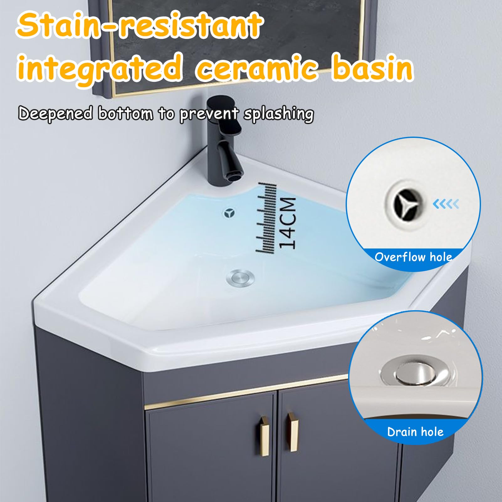 mueble baño con Lavabo suspendido pared 38cm, Lavabo sobre encimera con grifo, lavabo pequeño esquinero de cerámica, Diseño compacto, para cocinas compactas, cocinas, caravana, baños