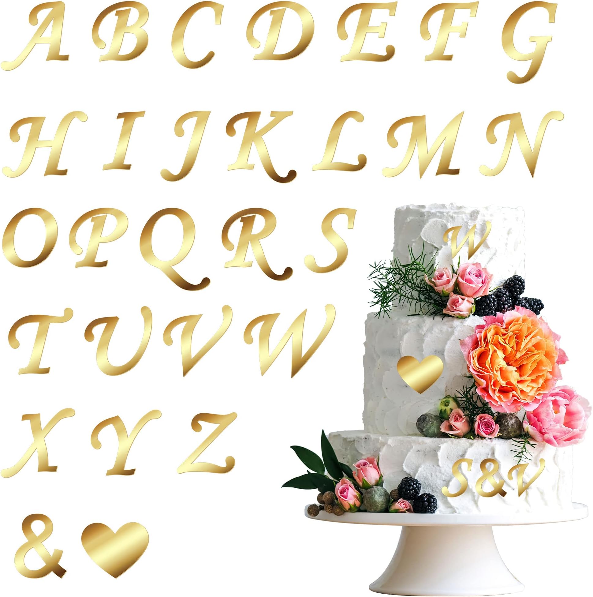 Gyufise 28Pcs Gold Acrylic Alphabet Cake Toppers DIY Custom Cupcake Toppers A-Z Letter Mirrored Gold Picks for Personalized Name Cake Decorations Wedding Baby Shower Birthday Party Supplies