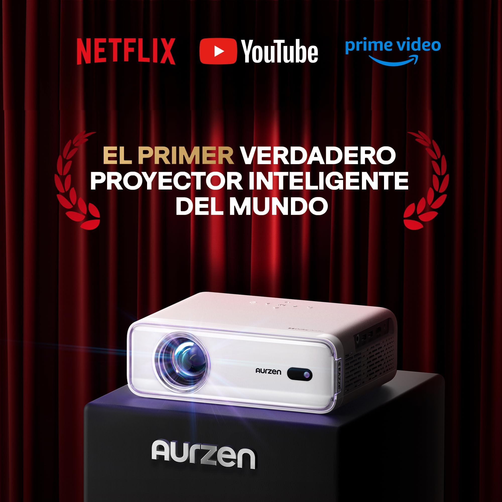 Proyector 4K Soporte【Oficial NetfIix/Auto Focus/Keystone/DoIby Audio】 AURZEN Eazze D1 Proyector Full HD 1080P Nativo, con Bluetooth y Wi-Fi, con una Aplicación Incorporada Youtube/Prime Video