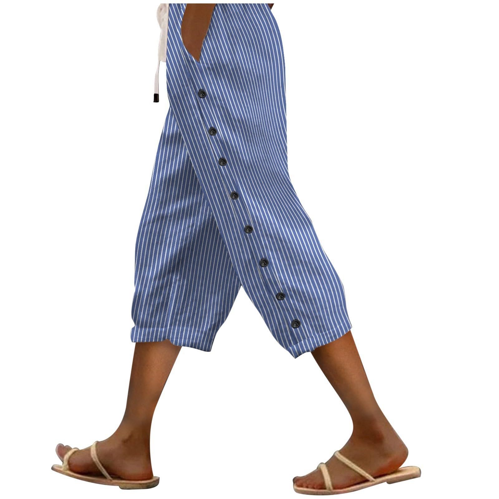 Striped Pants Women Linen Capris for Women Summer Wide Leg Loose Drawstring Elastic Waist Trouser