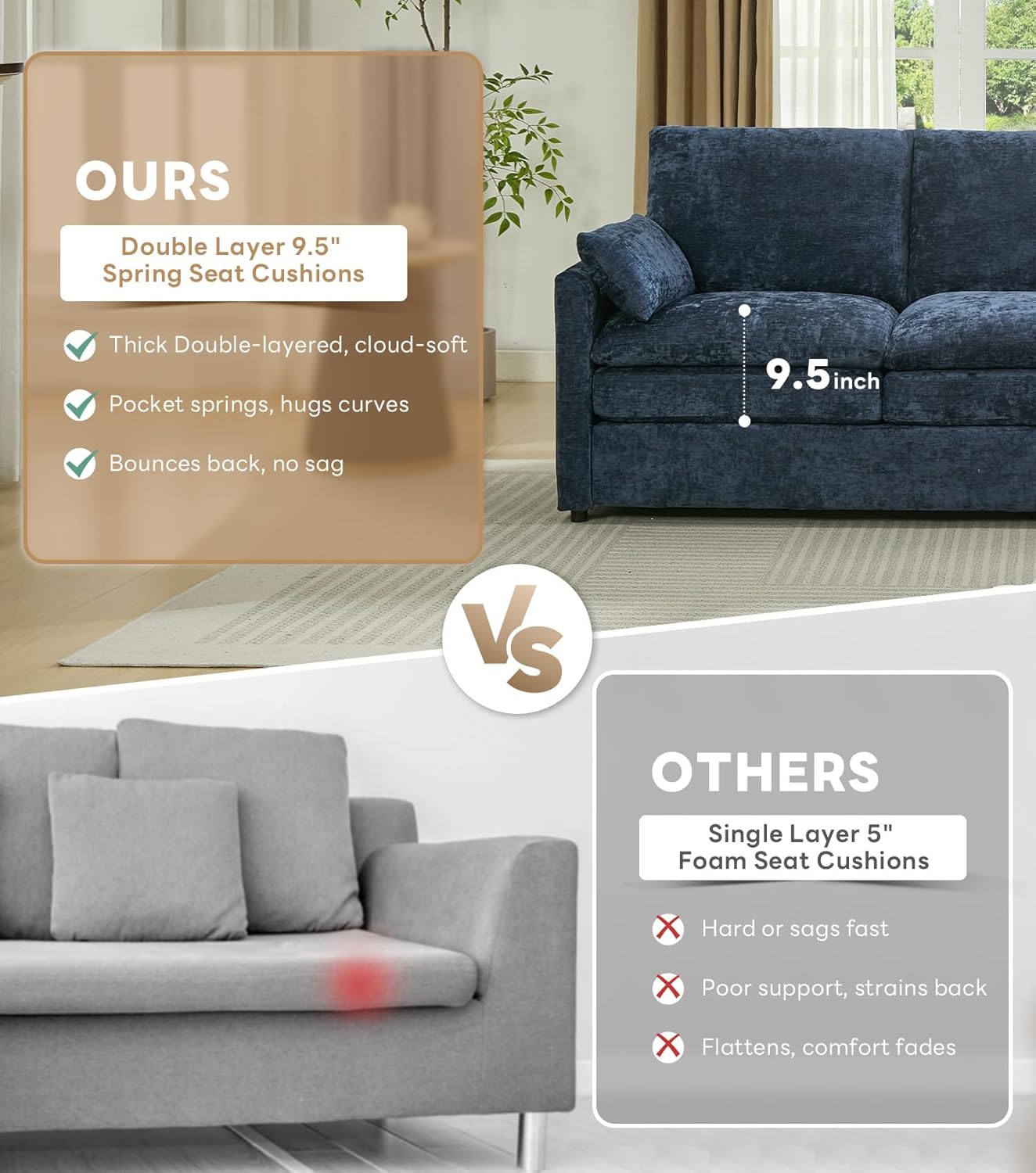 Tbfit Modern Couch, 89" Cloud Sofa Spring Seat Cushions, Comfy 3-Seater w/Pillows, Chenille Fabric Removable Covers, Soft Upholstered Living Room Furniture, Home Apartment, Blue | Ultra Soft Cushions, Dual-layered Cushion, Pocket Spring, Cloud Comfort, Premium Chenille