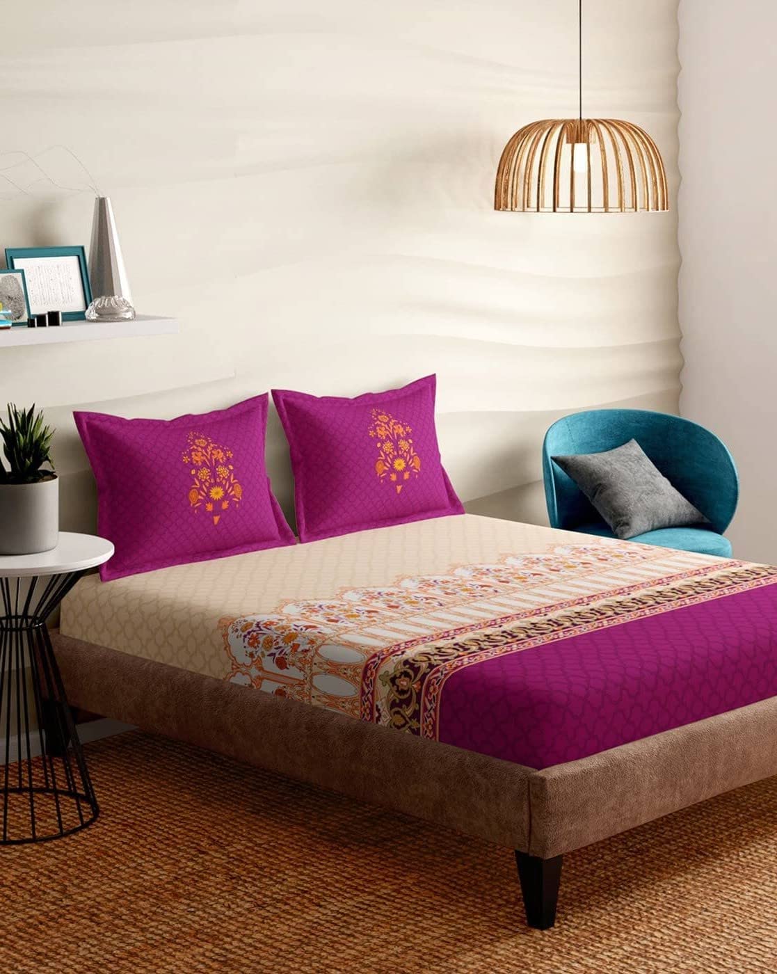 Portico New York Super King Size Super Soft Cotton Bedsheet with 2 Pillow Covers ; Size 2.74 x 2.74 m ; Dark Purple & Beige ; Mercerised ; 100% Cotton ; Lavender