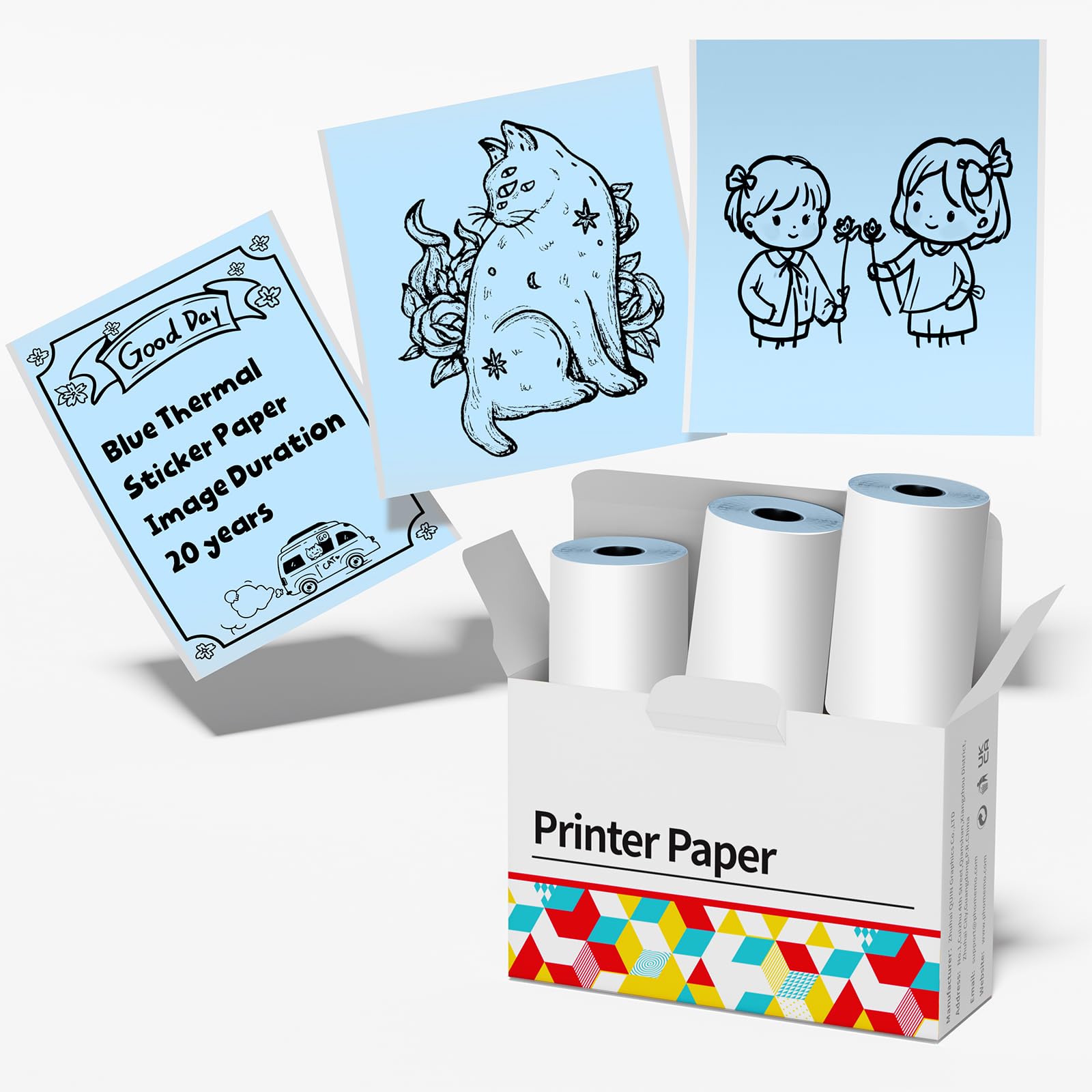 Phomemo Blue Self-Adhesive Thermal Paper, Glossy Printable Sticker Paper Label for Phomemo M02/M02 Pro/M02S/P2S/M03/M04S Mini Sticker Printer, 50mm x 3.5m, Diameter 28mm, 3-Rolls, Image Time 20 Years