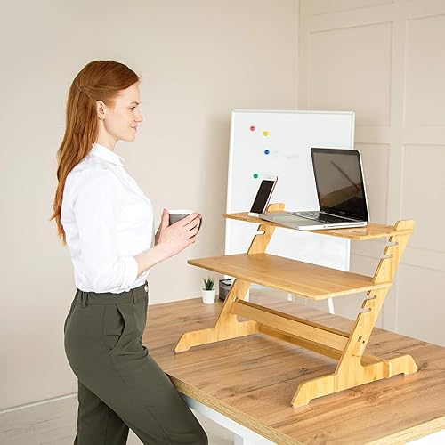 Adjustable Standing Desk Riser 100% Natural Bamboo Desk Converter Monitor
