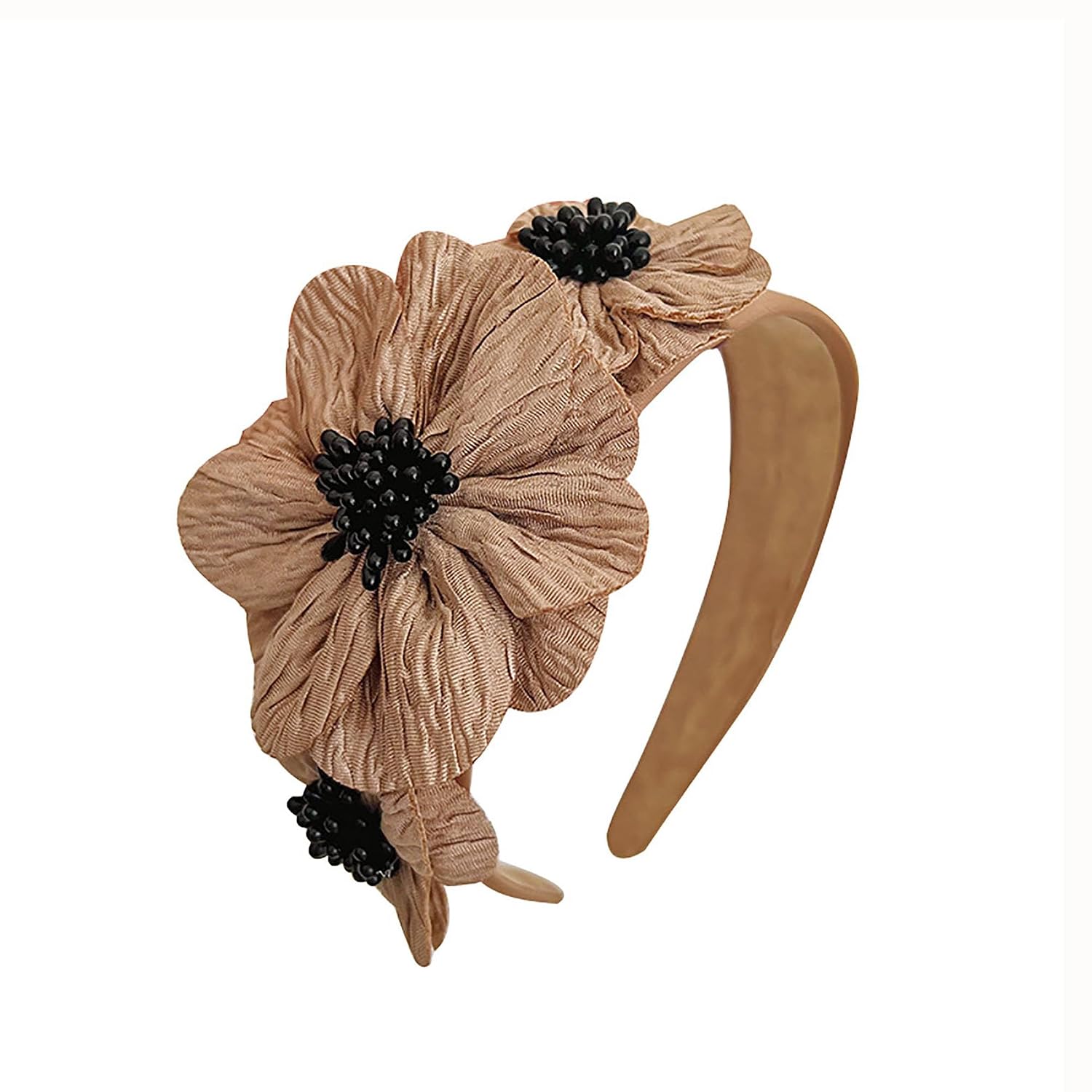 Flower Fashion Headbands Side Pearl Flower Hair Bands Fashion Double Flower Wide Fabric Hair Bands Nonslip Hair Band for Women and Girls Outdoor Wear(Curry)