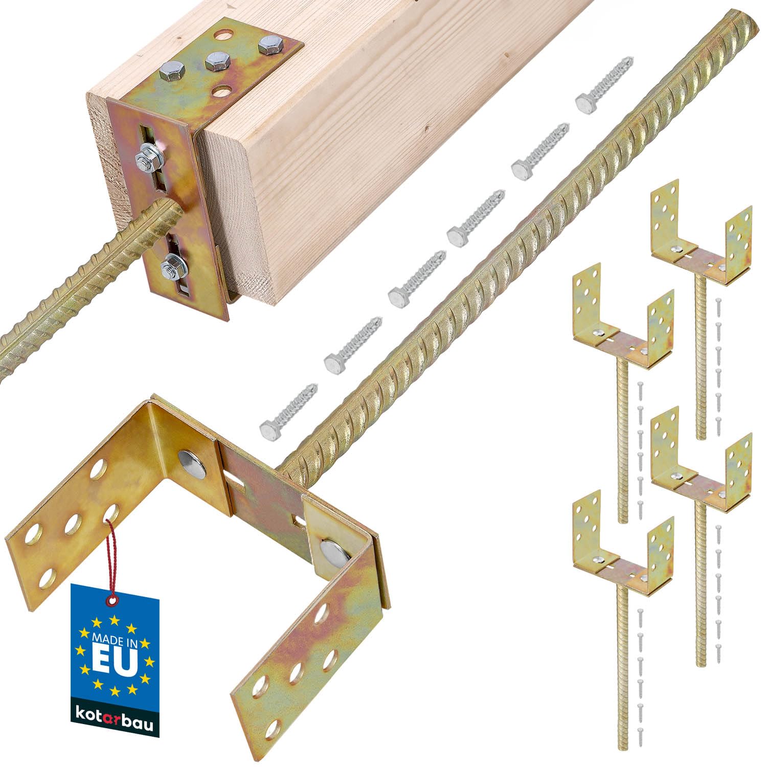 KOTARBAU® 4 pièces Support de Poteau à Sceller - Acier - 400 mm - Or - Support Poteau Bois - Largeur Réglable 0-160 mm - avec Ancrage Béton - pour Poteaux et Poutres Bois