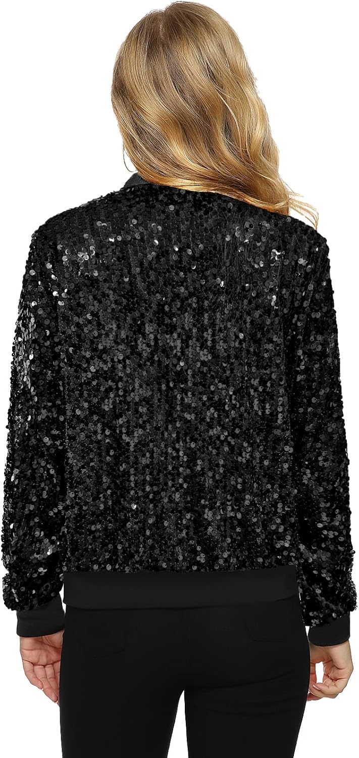 Womens Long Sleeve Sequin Open Front Zipper Jacket with Ribbed Cuffs - Image 5