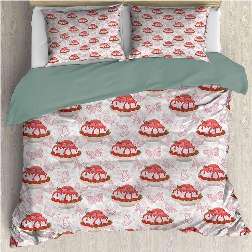 Pink Print 3-Piece Bedding Duvet Cover Set Cal King, Printed Modern Comforter Cover-3 Pieces, Ice Cream Strawberry Sauce Comforter Set Bed Quality Soft Silky Comfortable Breathable