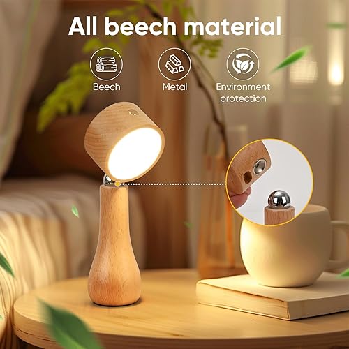 Miniatura 2 de Lámpara pequeña de madera para mesita de noche, lámpara inalámbrica con interruptor táctil portátil, lámparas de escritorio recargables para