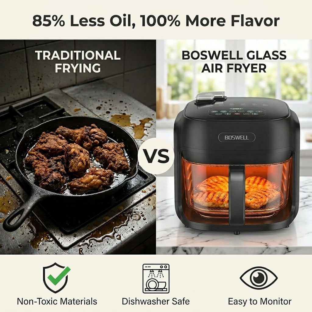 Glass Air Fryer 7.5Qt,Transparent Fry Bowl, 360° Hot Air Circulation, Digital Touch Control, Non-Toxic & Dishwasher Safe, Air Fry Roast Bake for Fries and Chicken (black)