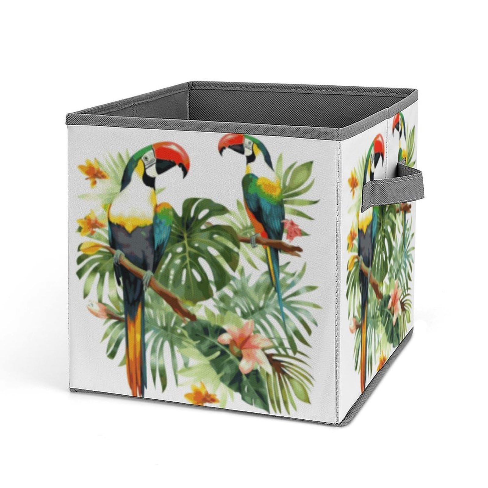 MUSM Toucans Parrot Palm Tree Leaves Foldable Storage Box Collapsible Fabric Organizer Large Capacity Folding Storage Bins with Handles for Home Bedroom Closet 10.6 X 10.6 X 10.6 Inches