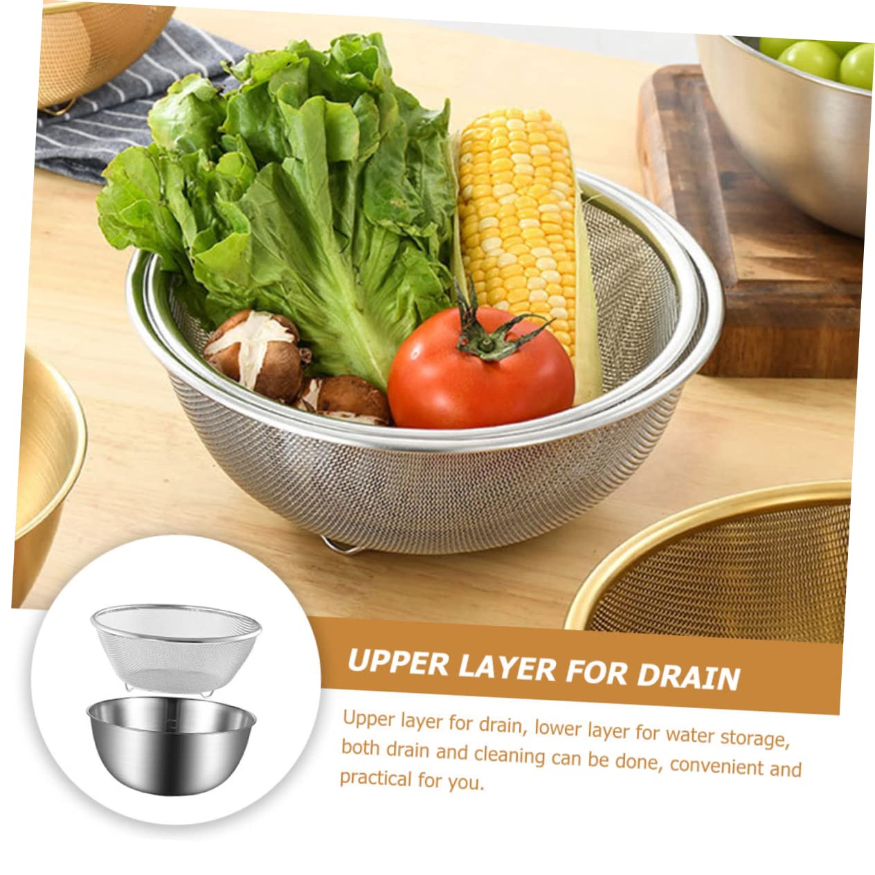 Juego de Colador de Acero Inoxidable para Cocina, 2 Piezas | Malla Fina, Base Plana y Drenaje Estable, Apto para Verduras y Huevos, Acabado Plata