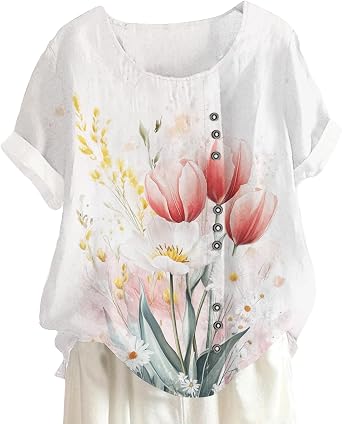 Summer Shirts for Women Crewneck Short Sleeve Tops Loose Fit Trendy Graphic Classic Tees Flower Printed Blouses
