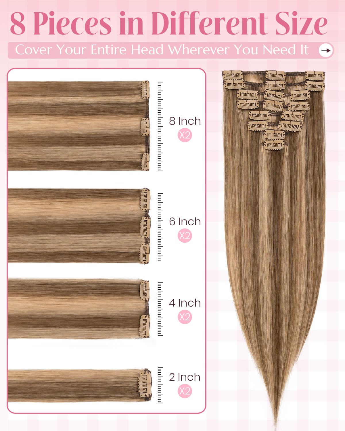SLEEKALON Human Hair Extensions Clip in Real Hair Remy Highlighted #4/27 Medium Brown Mix Dark Blonde - Image 3