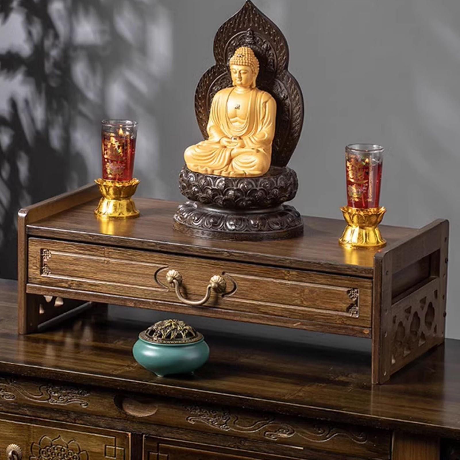 NHPJFDC Altar Table with Storage, Meditation Shrine Buddhist Altar Table, Natural Bamboo Puja Tables, Buddhist Altars Cabinet, Shrine Prayer Stand Riser, Home Decor(69cm/27.1in)
