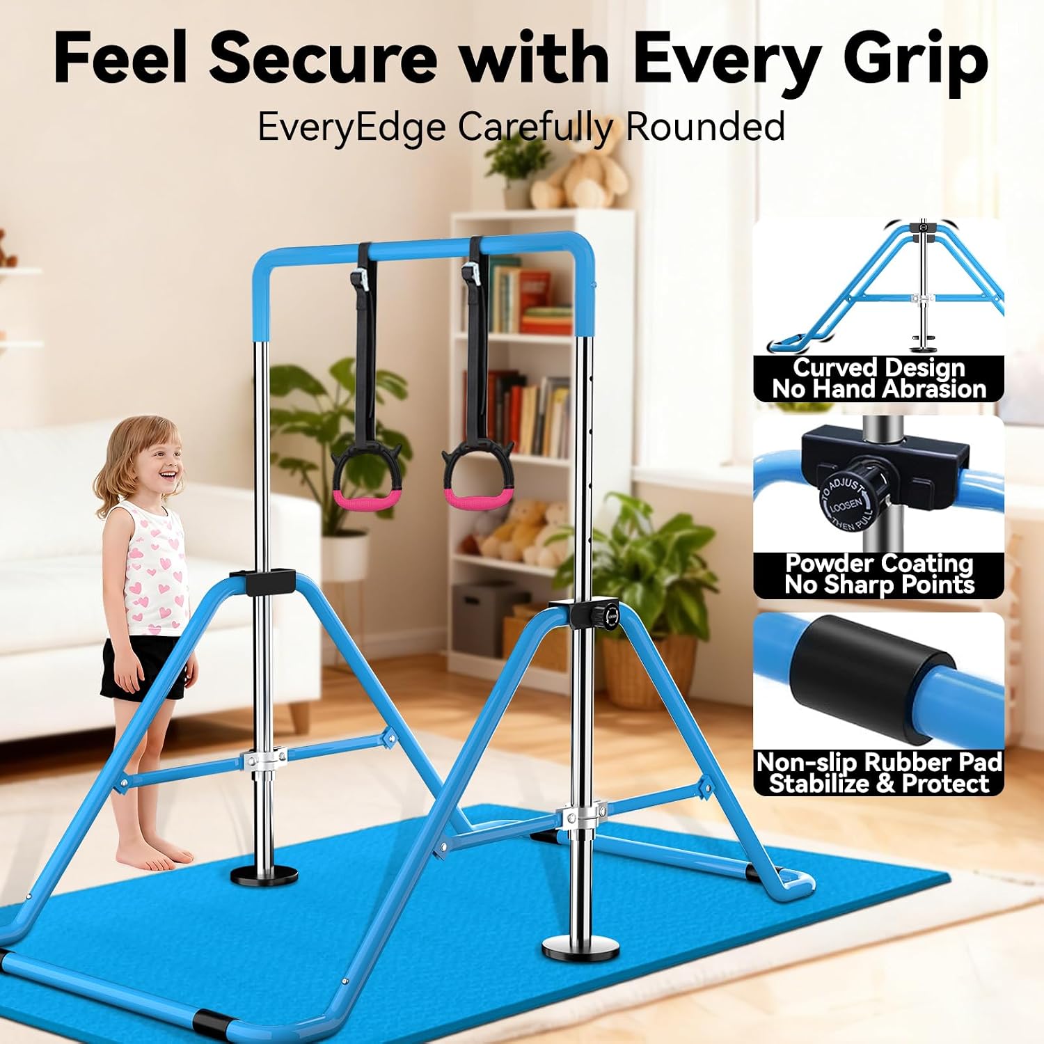 WATBKHE Gymnastics Bar Adjustable & Foldable Training Kip Bar with Rings and Mats, Sturdy Gymnastics Horizontal Bar, Gymnastics Equipment for Home Practice, Pink, Purple