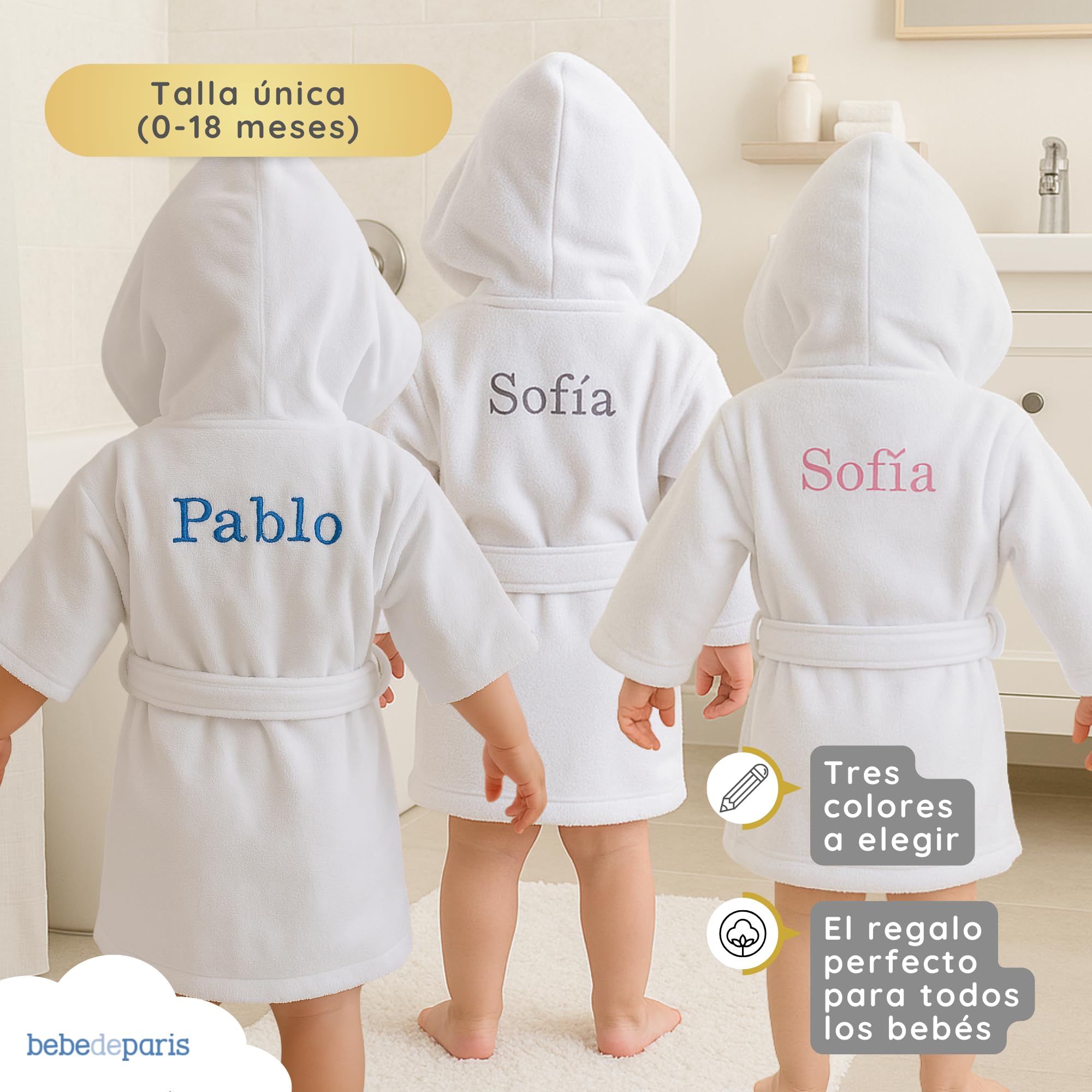 Peignoir de Bain Personnalisé Bébé 100% Coton avec Capuche et Ceinture
