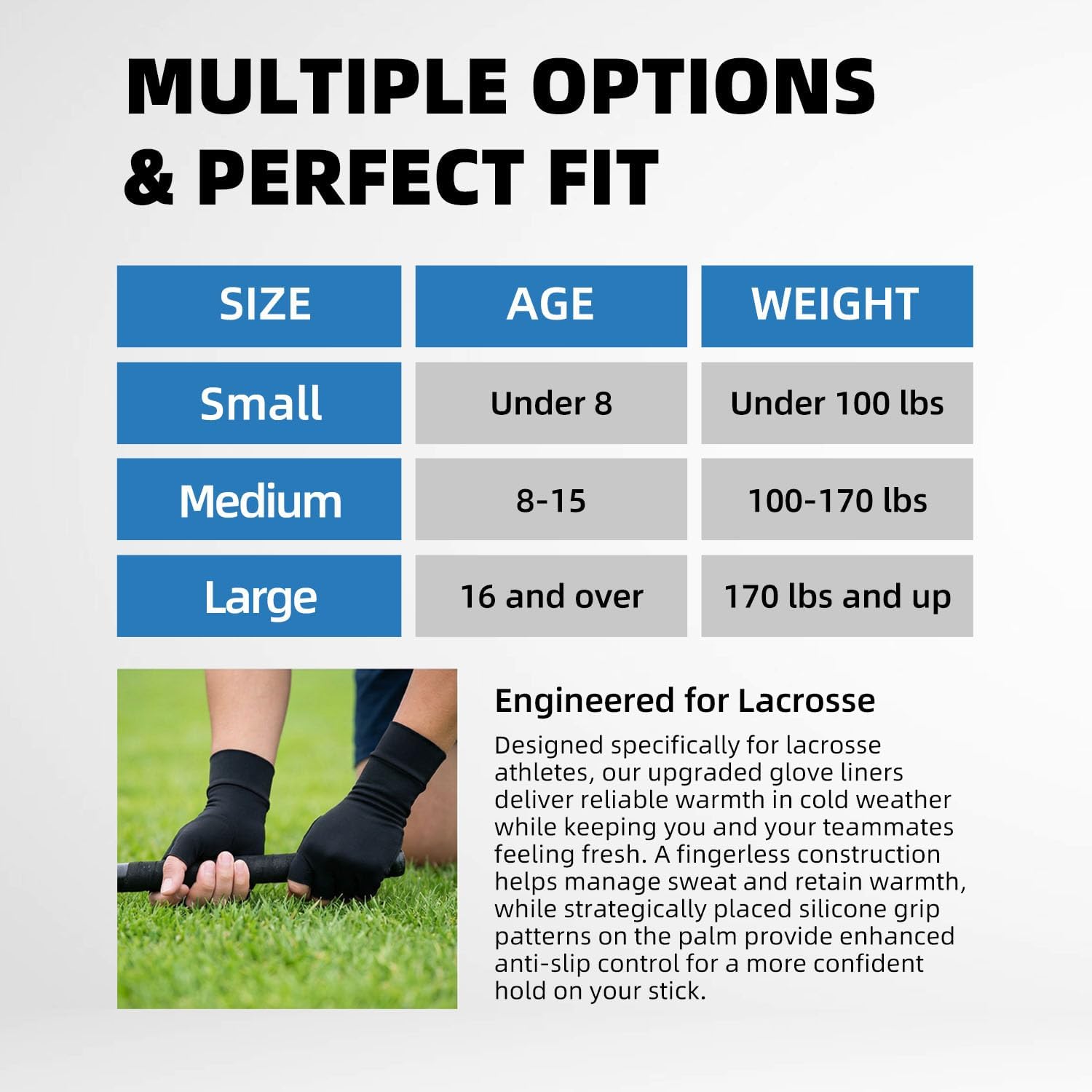 Fingerless Athletic Gloves Liners for Women & Men, Lacrosse & Hockey Glove Liner, Thin Thermal Under Gloves for Ski Snow Sports, Work, Driving, Cycling, Running