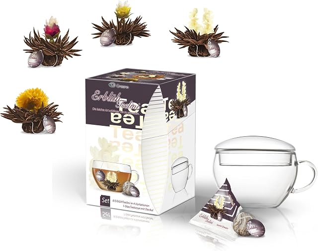 Creano Teelini czarna herbata zestaw prezentowy "czarna herbata" 8 podgrzewaczy o drobnym zapachu aromatu, 1 szklana filiżanka do herbaty 200 ml z pokrywką, pierwsza herbata kwitnąca w formacie filiżanki