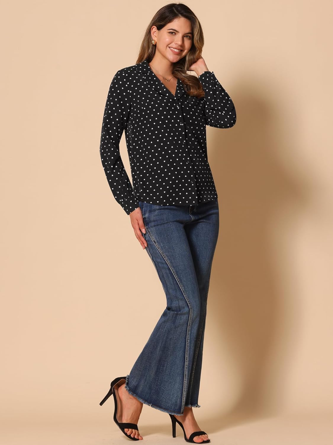 Allegra K Women's Valentine Top 1950s Vintage Long Sleeve Printed Button Down Tops - Image 2