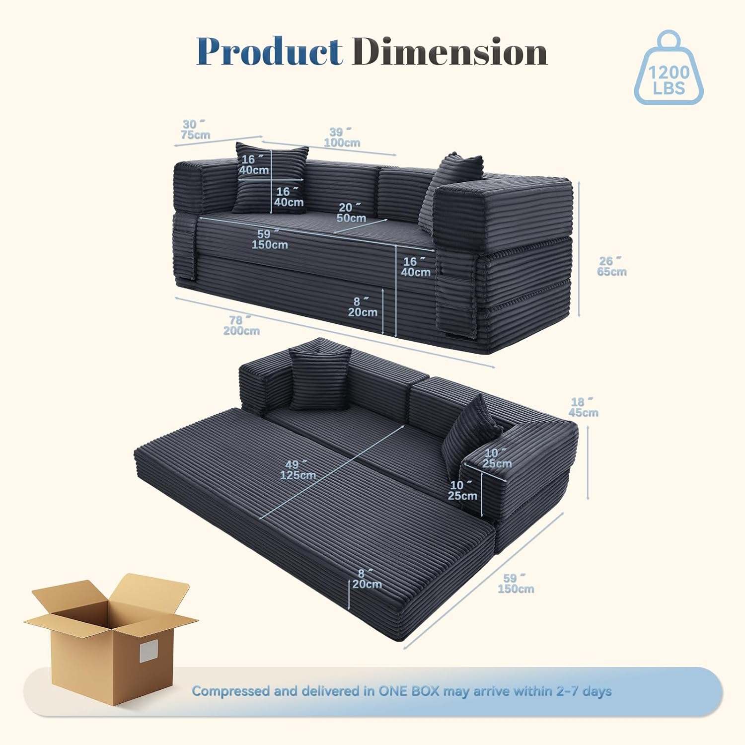 Convertible FoldIing Sofa Bed,5-in-1 Futon Queen Sleeper Sofa with Removable Armrests, Modular Futon Couch with Pull Out Bed,Boneless Couch for Living Room,Compression Sofa in Box, Gray