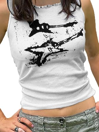Xineicy Womens Star Sleeveless Crop Top Vintage Y2k Tops Round Neck Racerback Grunge Tank Tops Casual Tee