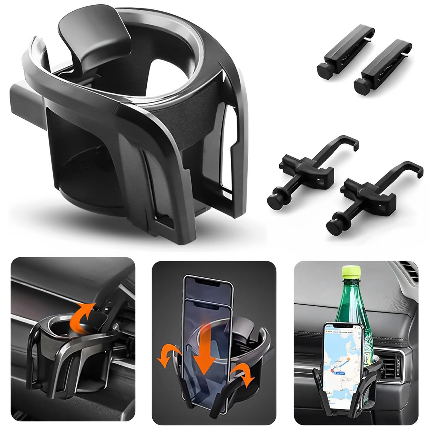 – 2 in 1 Adjustable Smart Phone Mount Bracket Stand car cup holder, Cradle Car Air Vent Cup Holder, air vent drinks holder for cars for Hot Drinks Compatible with Most Vehicles, Silver&Black
