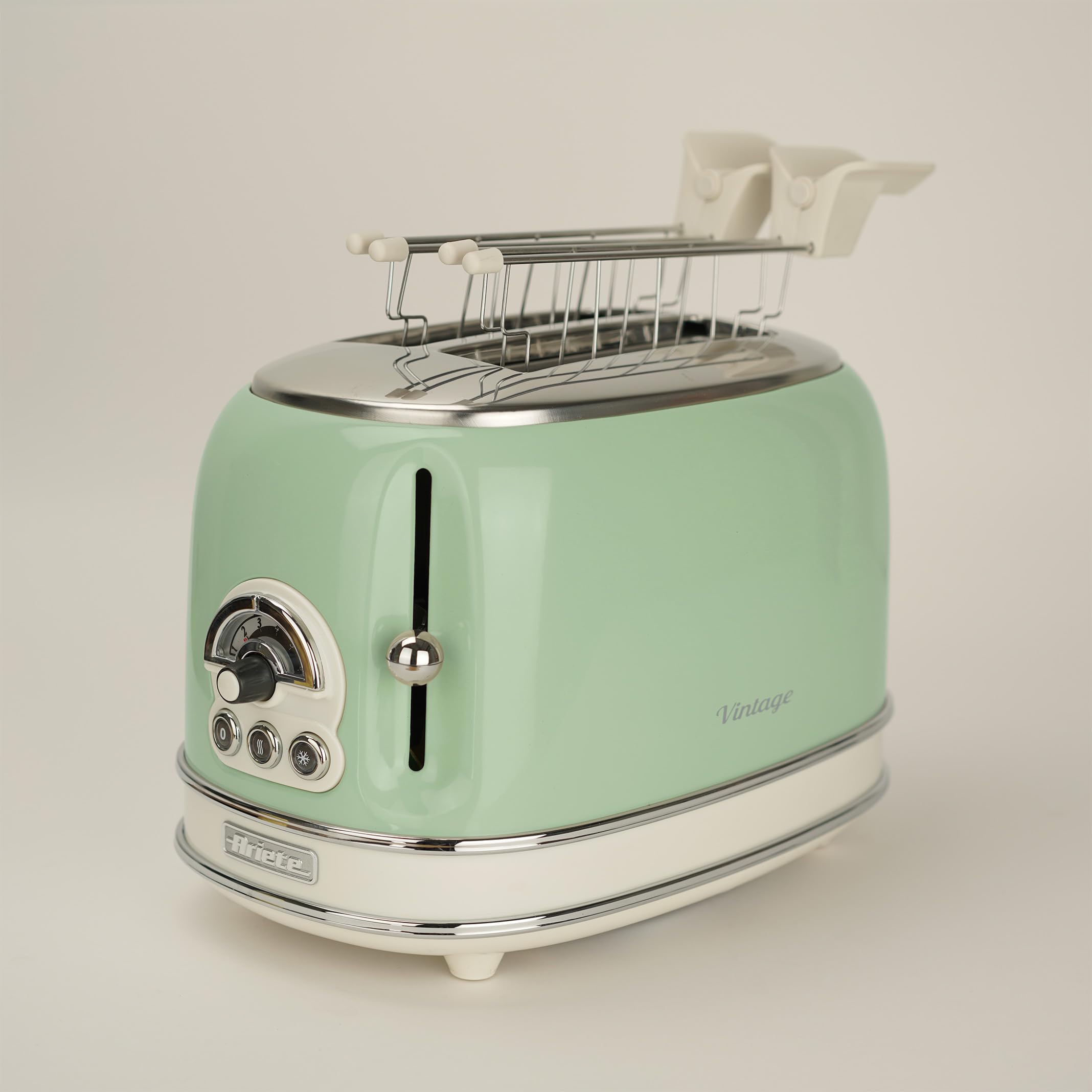 Ariete Grille-Pain 2 Tranches Vintage 155, Grille-Pain 6 Niveaux de Grillage, Éjection Automatique, Fonction Décongélation, Tiroir Ramasse-Miettes Amovible, Acier Inoxydable, avec Pince, 810W, Vert