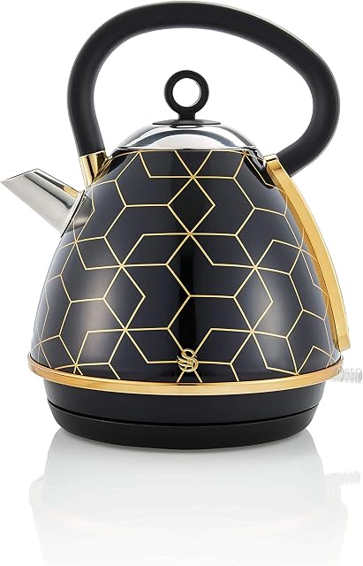 Swan Tribeca 1.7 Litre Pyramid Kettle in Black, Geometric Pattern, Rose-Gold Accents, Rapid Boil, Large Capacity, SK42010BLKN