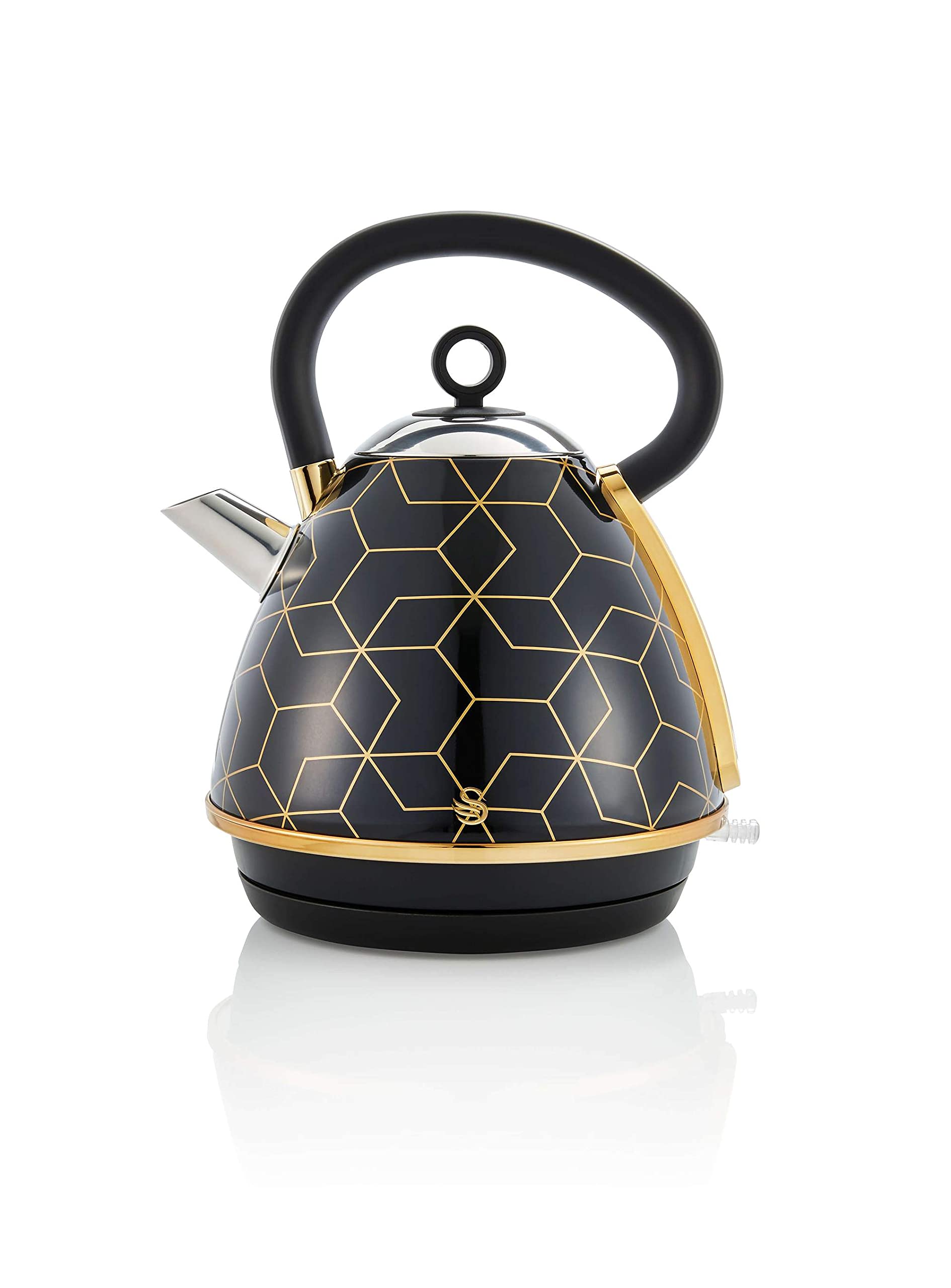 SwanTribeca 1.7 Litre Pyramid Kettle in Black, Geometric Pattern, Rose-Gold Accents, Rapid Boil, Large Capacity, SK42010BLKN