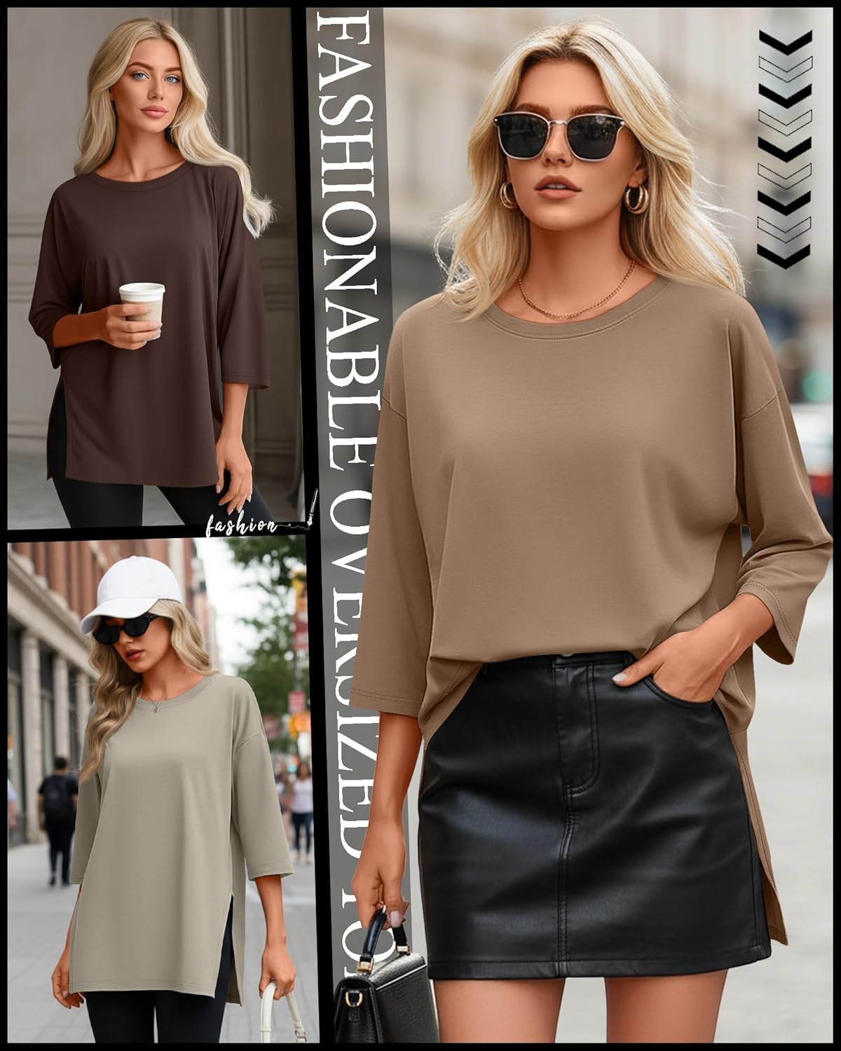 Huukeay 3 Pack Women's Oversized T Shirts Workout 3/4 Sleeve Top Loose Side Split Gym Elbow Crewneck Casual Clothes Tee - Image 2