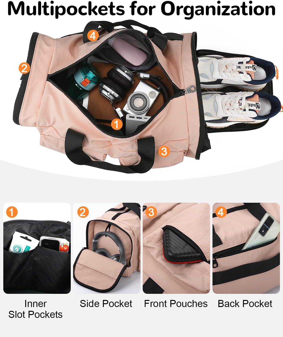 30L Foldable Gym Duffel Bag with Shoe Compartment for Women, Small Packable Carry on Travel Duffle Bag with Wet Pocket, Pink - Image 3