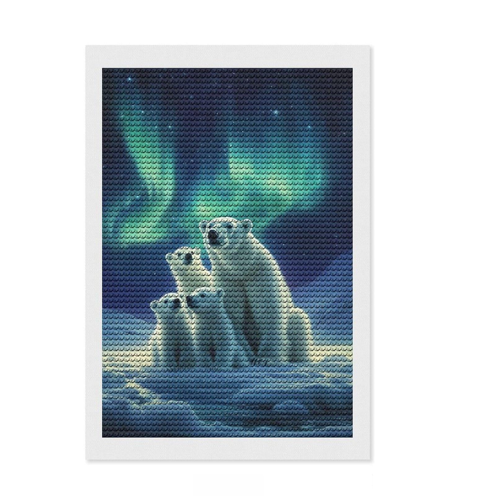 Junmoney Polar Bear Family Under Aurora Borealis Diamond Painting Kit 8"x12", for Adults, Full Kit Included, Boho Decor, Thoughtful Handmade Gift, with Tool Kit