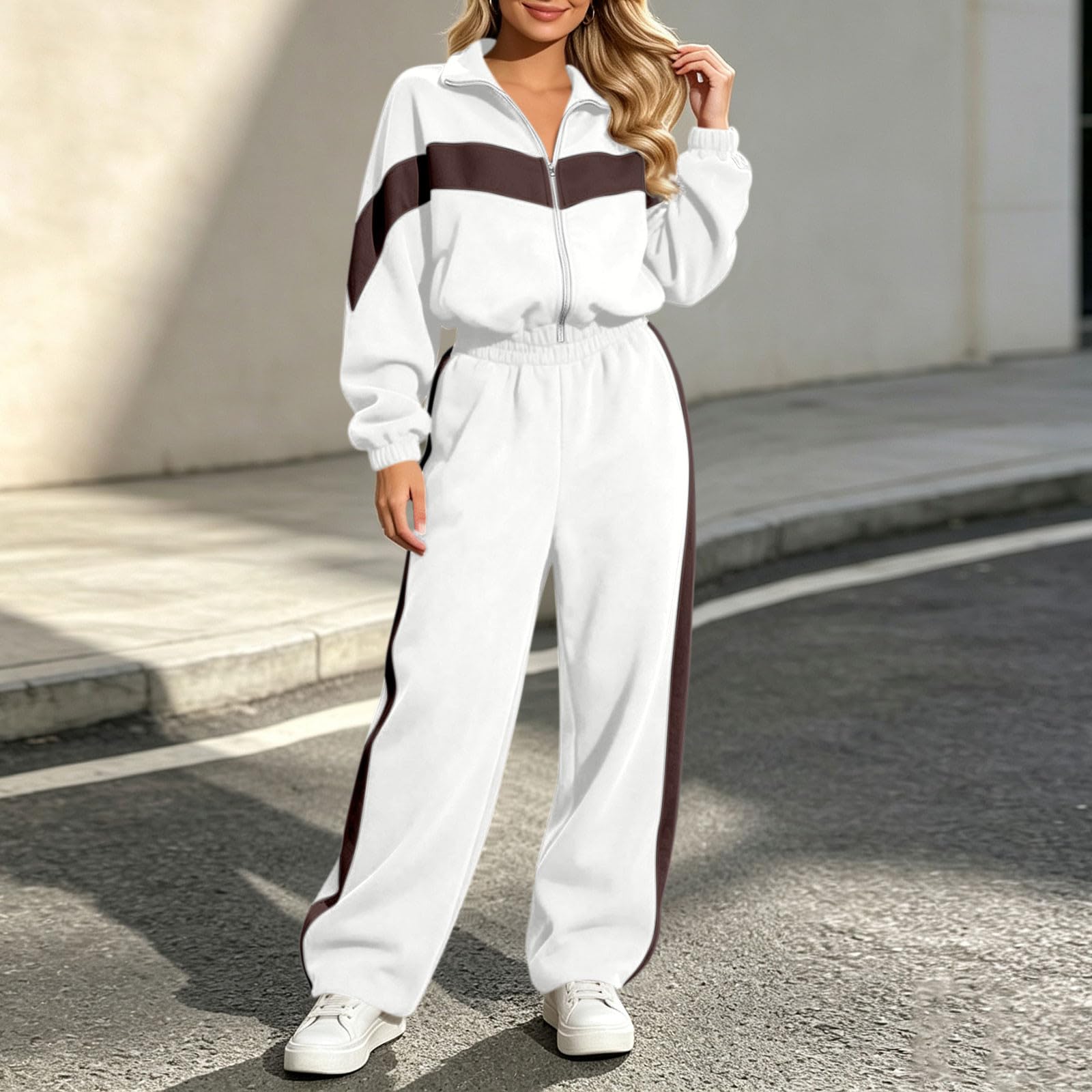Tuta Donna Sportiva Completo Jogging Giacca e Pantaloni 2 pezzi | Righe Tute, Colori a Contrasto Cappotto con Cerniera e Pantaloni con Cintura Elastica Set Due Pezzi per Autunno e Inverno