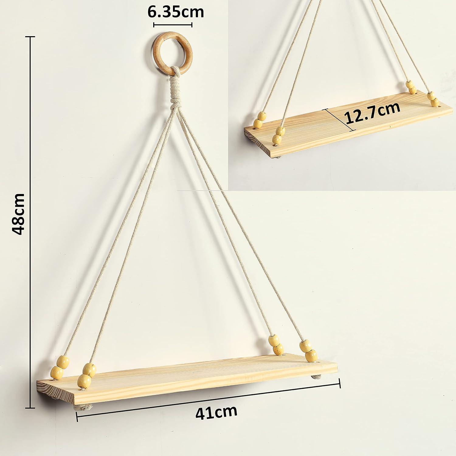 Decazone ® Macrame Wall Hanging Shelf Wood Floating Shelves with Wooden Beads & Ring Modern Chic Decor for Dorm Living Room Nursery Gift Item 55 x 43 cm Beige (Set of 2)