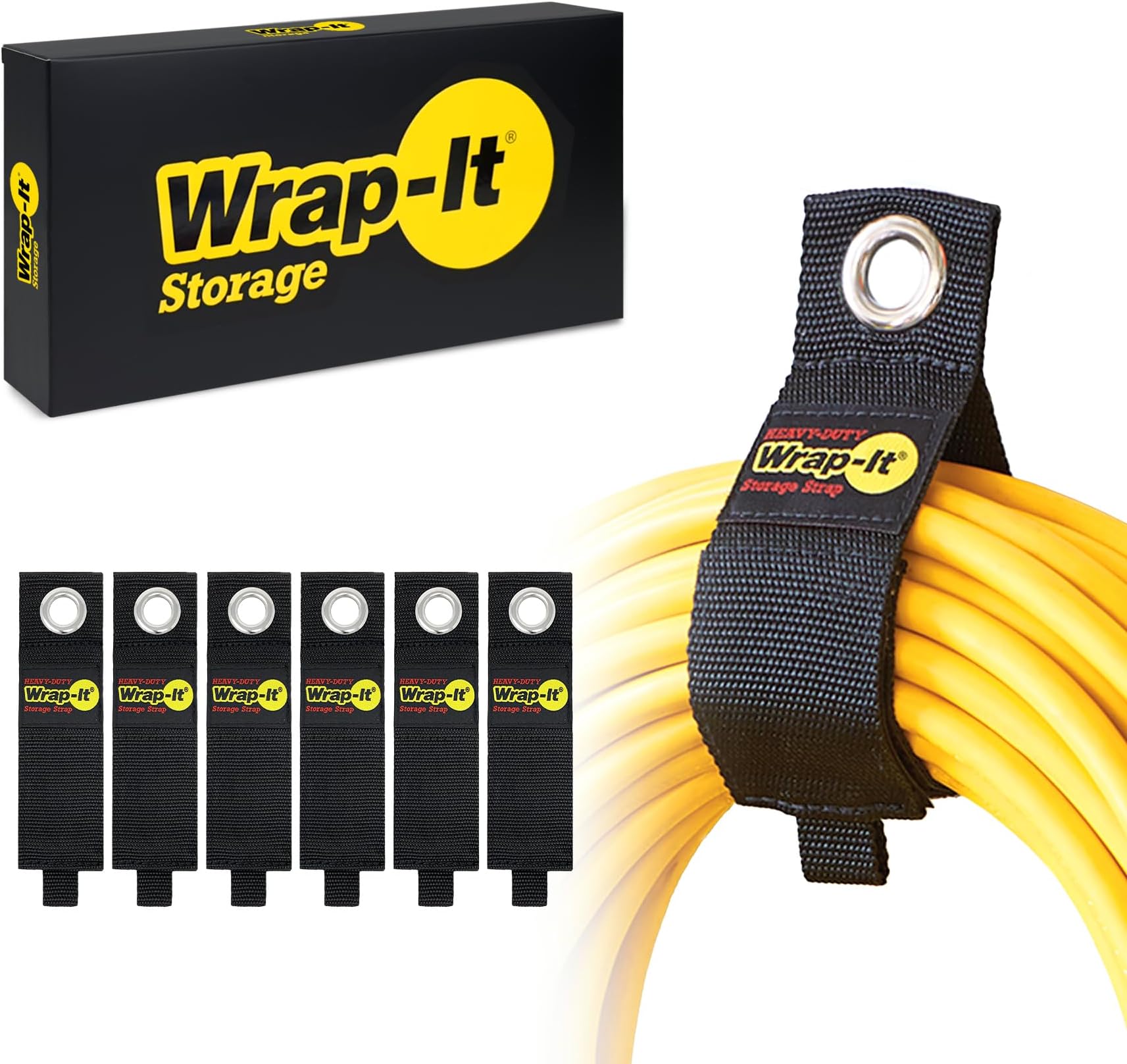 Heavy-Duty Wrap-It Storage Straps, 13-inch (6 Pack) - Hook and Loop Extension Cord Organizer Hanger, Cord Wrap, Cable Straps for Cables, Hoses, Rope for Home, RV and Garage Storage and Organization