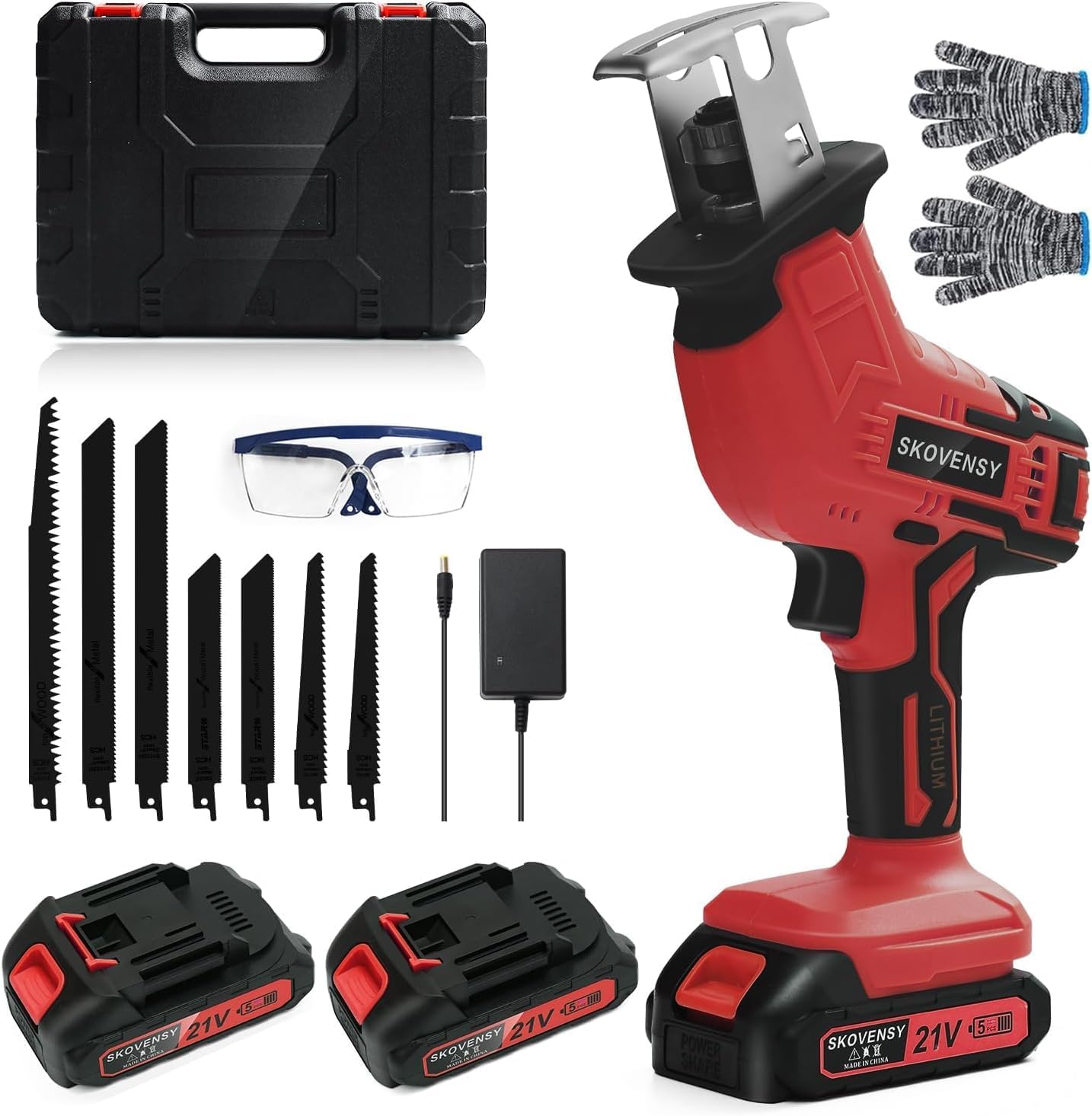 Cordless Reciprocating Saw, 2 x 2.0Ah Battery, Cordless Variable Speed, Blades Kit for Wood/Metal/PVC Cutting RED-A