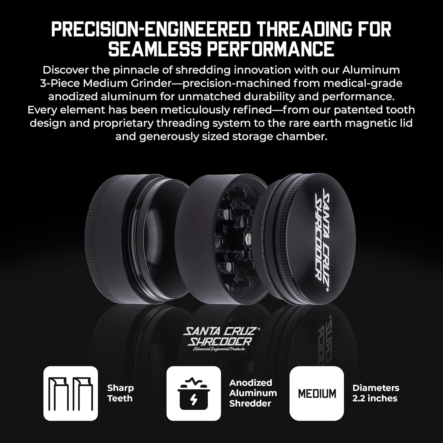 Santa Cruz Shredder Herb Grinder 3 Piece Medium 2 1/8" Superior Grip and Aluminium (Black)