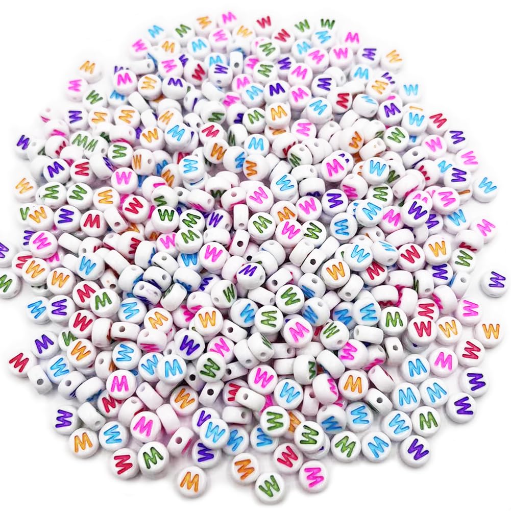 500PCS 4x7mm Acrylic Letter Beads W for Friendship Bracelets Jewelry Making White Flat Round Acrylic with Colourful Alphabet Beads for DIY Crafts Bracelets Necklaces Key Chains Phone Lanyard