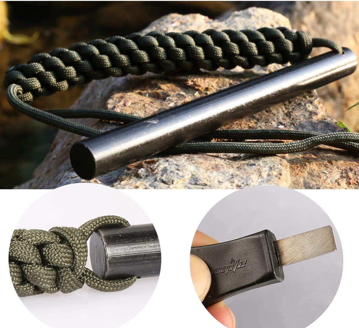 bayite 1/2 x 6 Inch Flint Steel Fire Starter Ferro Rod with Striker and CrocSee Pack of (6) Survival Wick Hemp Cords Tinder